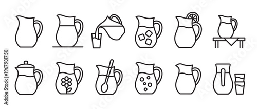 Collection of black outline icons depicting various pitchers and carafes, some with liquid, ice, or fruit
