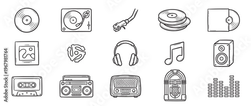 Collection of hand-drawn black and white icons representing various vintage music and audio equipment, presented in a clean, illustrative style