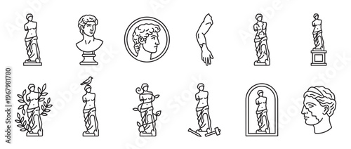 Collection of minimalist line art icons depicting various ancient Greek and Roman sculptures, busts, and fragmented statues