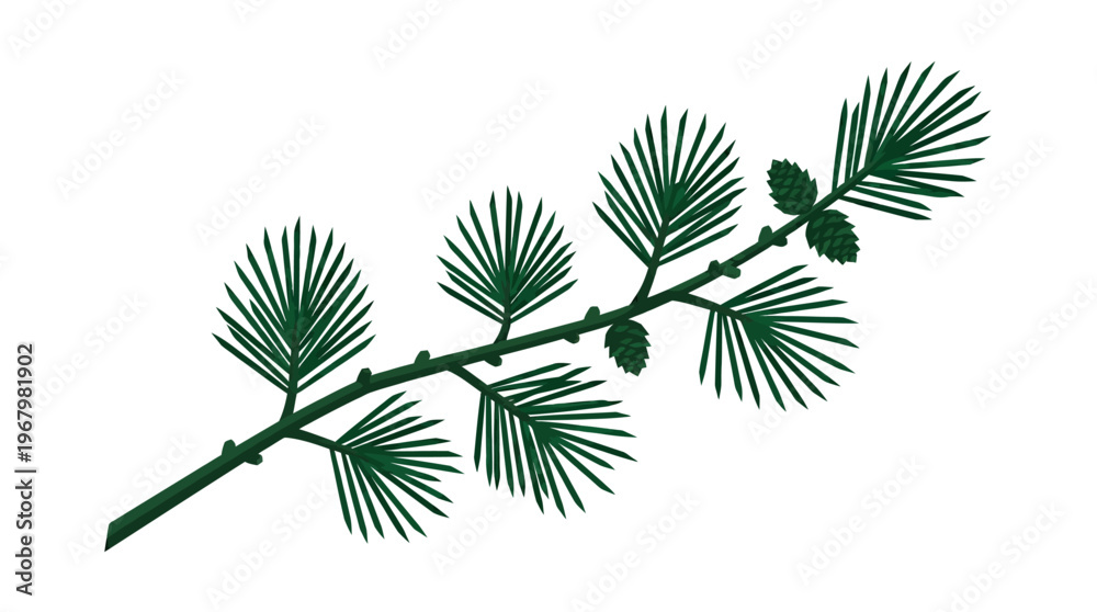 Naklejka premium Stylized 3D Pine Branch with Evergreen Needles and Cones Isolated on White Background