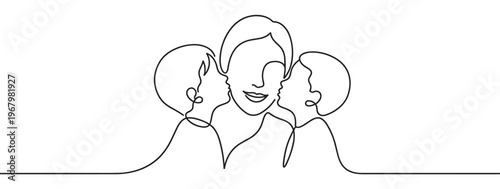 Continuous line drawing of a happy mother with two children, showing affection and family bonding in a minimalist style