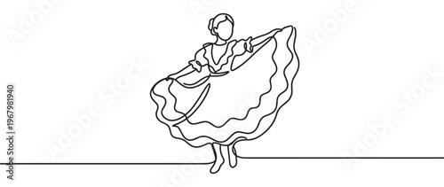 Graceful woman in traditional dress performs a folk dance, captured in a continuous line art style