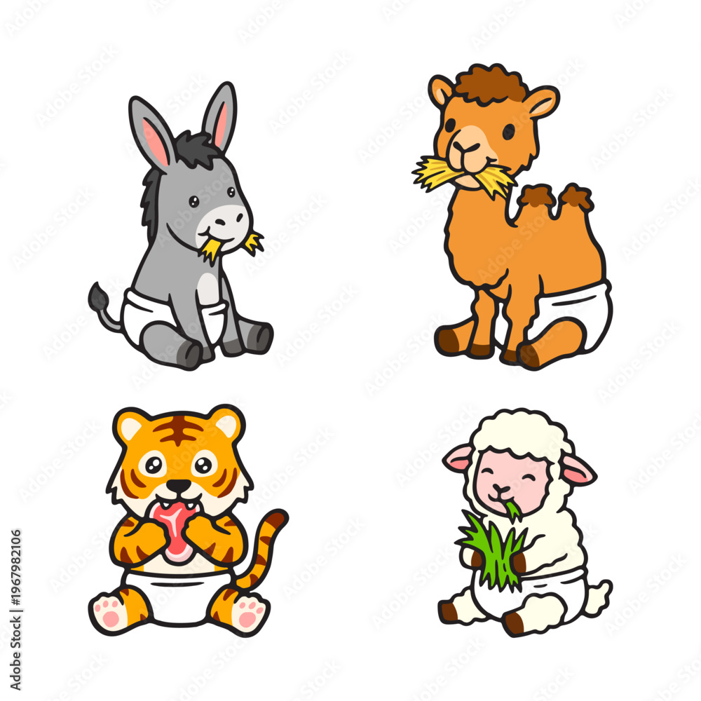 Fototapeta premium Adorable collection of diverse baby animals happily munching on snacks in diapers