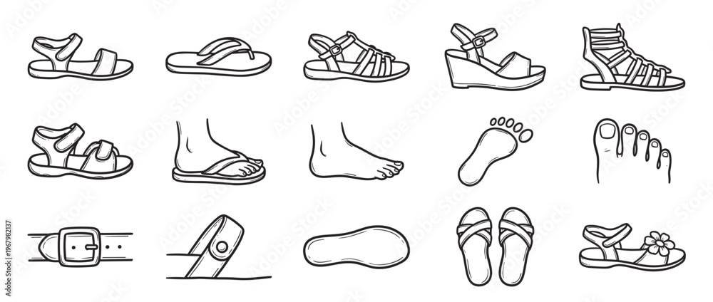Obraz premium Various hand-drawn black and white line art illustrations depict different types of sandals, flip-flops, and feet in a casual doodle style