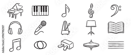 Collection of hand-drawn musical instruments and symbols in a doodle style, featuring various elements of music