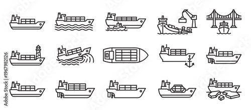 Collection of fifteen black outline icons depicting various cargo ships and maritime transport elements, presented in a clean, modern style