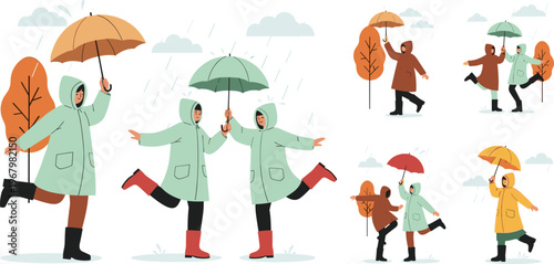 Diverse People Walking in Wind and Rain Vector Set Featuring Characters Struggling with Umbrellas and Wearing Seasonal Raincoats for Weather and Climate Designs