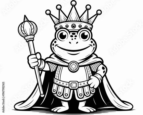 King frog character mascot wearing royal crown and armor robe holding ornamental scepter in a magical fantasy illustration for creative projects children books games print decor conceptual graphic des