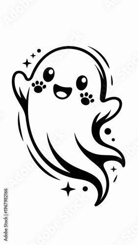 Cute ghost cartoon character with little paw prints waving happily for holiday celebration projects, mysterious spooky spirit icon for halloween sticker designs, spectral mascot illustration for funny