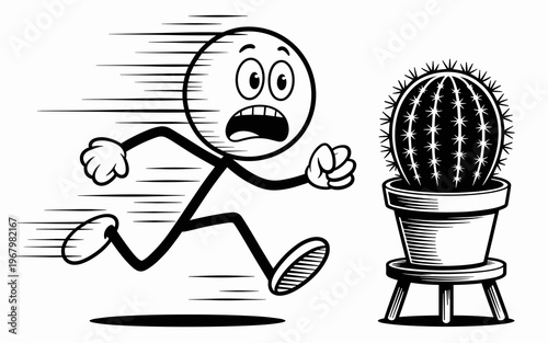 A frightened running stick figure character in frantic motion fleeing from a spiky cactus plant on a stool, representing danger, surprise, stress, fear, comedy, humor and workplace anxiety in vector a