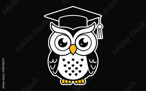 Cute wise owl graduation character wearing an academic mortarboard cap on a black background, a vector illustration representing knowledge, education, learning, intelligence, academic success, and stu