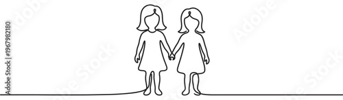 Two continuous line drawing girls holding hands, symbolizing friendship, sisterhood, or partnership with a minimalist aesthetic