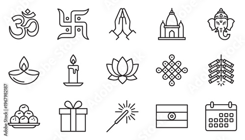 Collection of black outline Hindu festival icons, including Om, Swastika, praying hands, temple, Ganesha, diya, candle, lotus, rangoli, firecrackers, sweets, gift, sparkler, Indian flag, and