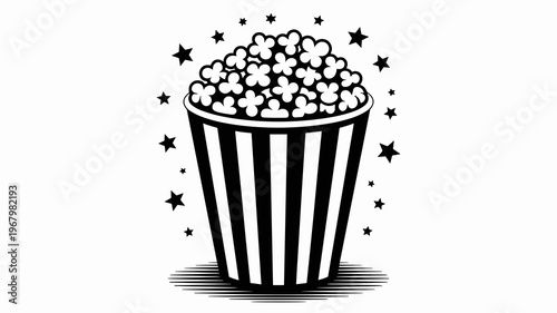 A classic striped bucket filled with crunchy buttery popcorn surrounded by decorative floating stars, representing cinema snacks, fun movie night entertainment, festive snack food, and retro event bra
