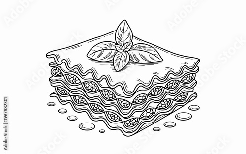 Delicious lasagna pasta dish with fresh basil leaves on top, hand drawn black and white vector illustration, traditional Italian cuisine gourmet meal, culinary art for creative restaurant menu design 