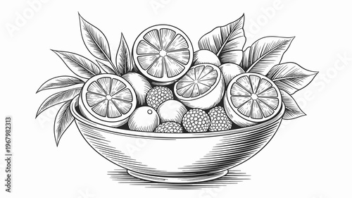 Stunning vintage style line art illustration featuring a bountiful bowl of fresh citrus fruits including detailed oranges and grapefruits with lush leaves perfect for healthy diet culinary menu food d