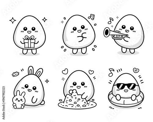 Cute kawaii egg characters set as a collection of diverse activities including holding gifts, playing music, sandcastle building, relaxing in a floatation ring. Happy doodle symbols for playful web de