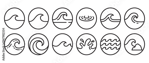 Collection of twelve simple black outline wave icons in circles, depicting various water movements and ocean elements