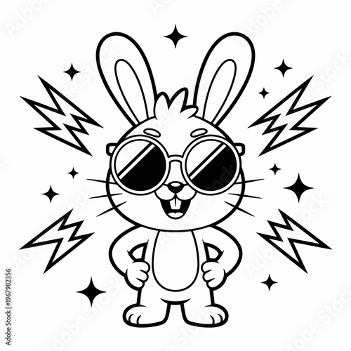 Cool character illustration featuring a hip rabbit wearing round sunglasses standing confidently with hands on hips surrounded by geometric lightning bolts and sparkling stars for vibrant poster art d