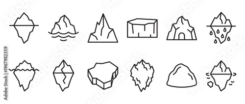 Collection of twelve distinct black outline iceberg and ice floe icons, depicting various shapes and states of ice formations