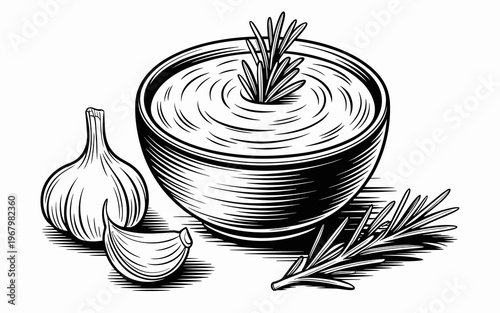 Black and white hand-drawn illustration of a rustic wooden bowl filled with creamy gourmet garlic herb dip, accompanied by fresh bulb garlic cloves and fragrant rosemary sprigs for culinary menu desig