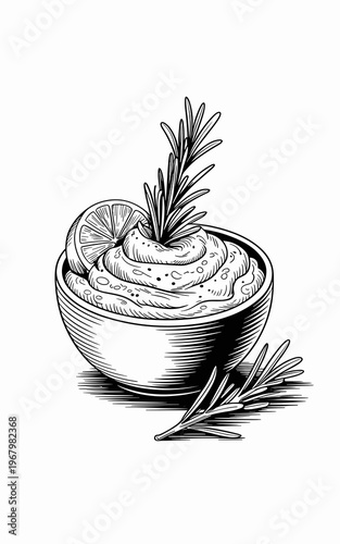 A gourmet dip or savory mousse served in a rustic ceramic bowl garnished with fresh rosemary sprigs and a citrus lemon slice, captured in an elegant hand-drawn black and white ink sketch line illustra