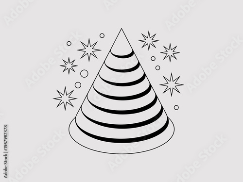 Minimalist party hat icon with decorative stars and floating circles perfect for festive celebrations birthday events carnival joy kids graphic design elements simple black outline isolated vector ill