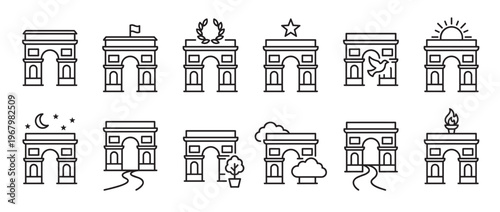 Collection of simple black outline icons depicting various triumphal arches with different symbolic elements