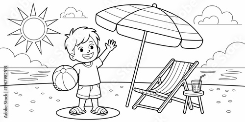 Happy young boy playing with beach ball under umbrella on sunny summer day near ocean water coloring page for kids creative activity book illustration showing fun outdoor recreation holiday leisure li