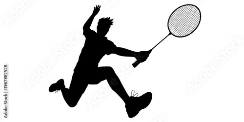 Black silhouette of a male badminton player jumping to perform a powerful smash stroke with a racket in a dynamic athletic pose isolated on white background depicting competitive sports fitness and en