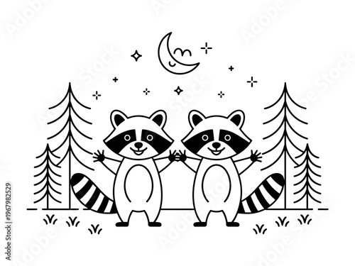 Two cute raccoons waving hands in a moonlit forest pine tree landscape, friendly cartoon forest animals vector illustration, happy woodland character graphic design, nocturnal starry night nursery wal