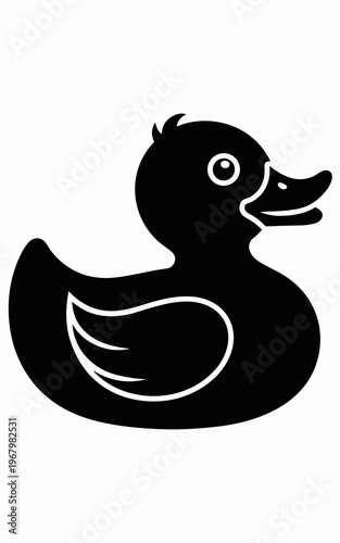 A cute black rubber duck silhouette graphic icon representing childhood playfulness and fun bath time imagery for creative design projects, nursery decor, bathroom themes, vector art elements, simple 