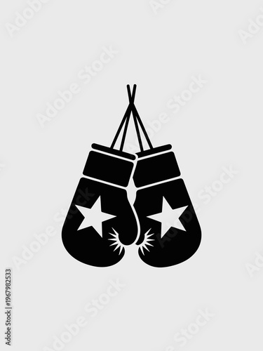 Minimalist black and white boxing gloves icon with star design illustrating fitness, combat sports, training, championship, heavy bag workout, competition, healthy lifestyle, strength and athletic gea