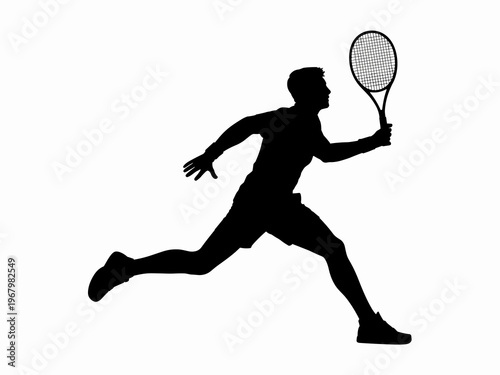 A black silhouette of a male tennis player sprinting across a clean white background during an intense match, capturing athletic motion, physical fitness, recreational competition, active lifestyle th