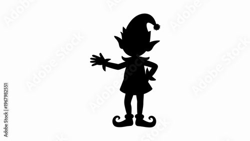 A festive black silhouette of a cheerful Christmas elf waving a hand, isolated on a plain white background, perfect for holiday season graphic projects, winter celebration invites, creative retail mar