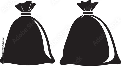 Two black silhouette trash bags icon isolated on white background.
