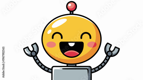 Happy cute robot character with yellow head and antenna waving hands, friendly mechanical machine with smiling face and pink cheeks for children education, technology innovation, modern robotic design
