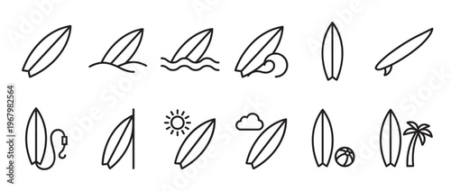 Collection of black outline surfboard icons in various positions and contexts, presented as a clean vector graphic
