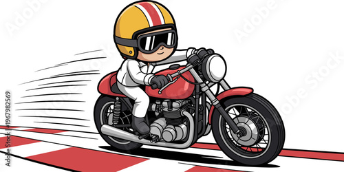 Cartoon motorcycle rider speeding along a race track in a professional racing suit and vintage helmet, dynamic fast motion blur on a track road, creative transport vector art for speed adventure conce
