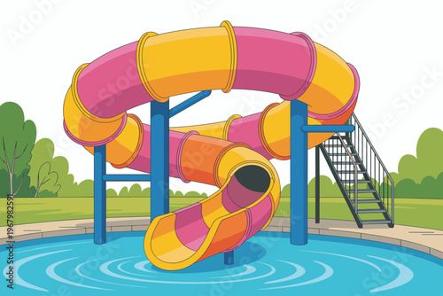 Vibrant helical water slide spiral tube structure for refreshing swimming pool park adventure outdoor recreation summer vacation fun theme park attraction design concept playful aqua playground cartoo
