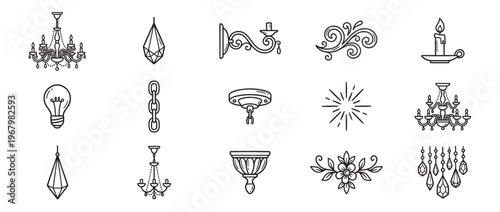 Various black outline icons depicting different elements of chandeliers and lighting fixtures, including bulbs, chains, and decorative accents