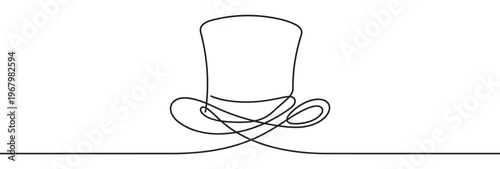 Black continuous line drawing of a classic top hat with a ribbon, depicted with a minimalist aesthetic