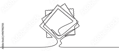 Single continuous line drawing depicts a stylized tree with a square-shaped canopy and a flowing trunk, presented in a minimalist art style