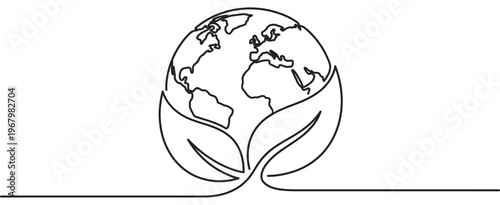 Continuous line drawing of the Earth globe embraced by two green leaves, symbolizing environmental protection and sustainability