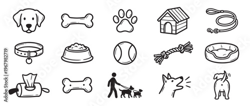 Collection of hand-drawn dog-related icons, including a dog's head, bone, paw print, kennel, leash, collar, food bowl, ball, toy, bed, waste bag dispenser, person walking dogs, barking dog,