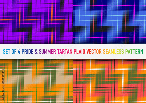 Set of 4 pride and summer tartan plaid vector seamless pattern