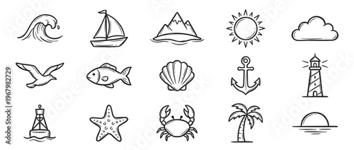 Collection of hand-drawn nautical and beach-themed doodle icons, including a wave, sailboat, sun, cloud, and various sea creatures