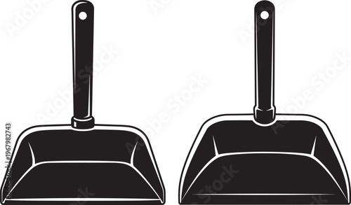 Two black silhouette dustpan icon isolated on white background.
