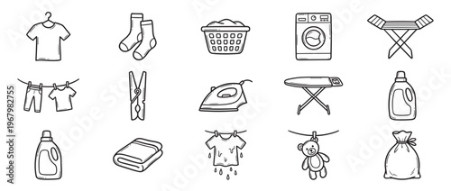 Collection of hand-drawn laundry icons in black outline, featuring various items and tools for washing and drying clothes, presented in a clean, simple style