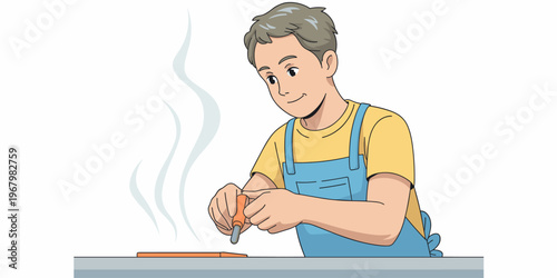 Young skilled craftsman carving wood with professional precision tools in a cozy workshop setting. Artisan student learning carpentry skills, focused woodworking project, creative manual labor, hobby 